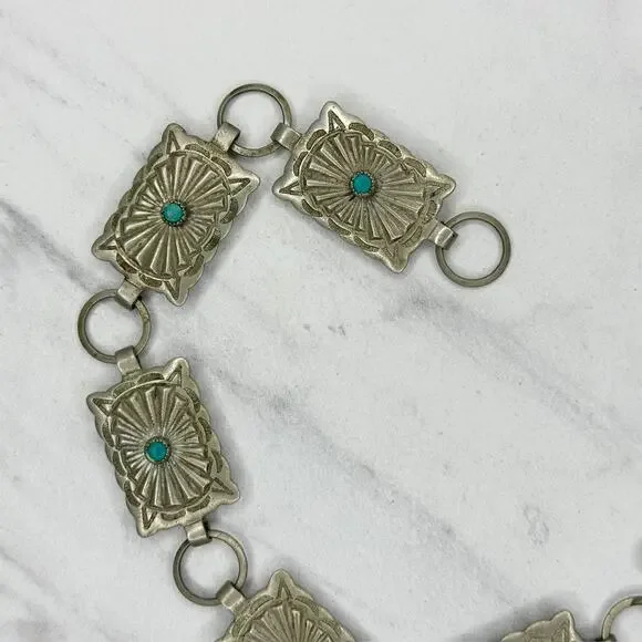 Vintage Faux Turquoise Stamped Concho Chain Belt Silver Tone XS/Small (XS/S) ✨ - Picture 13 of 14
